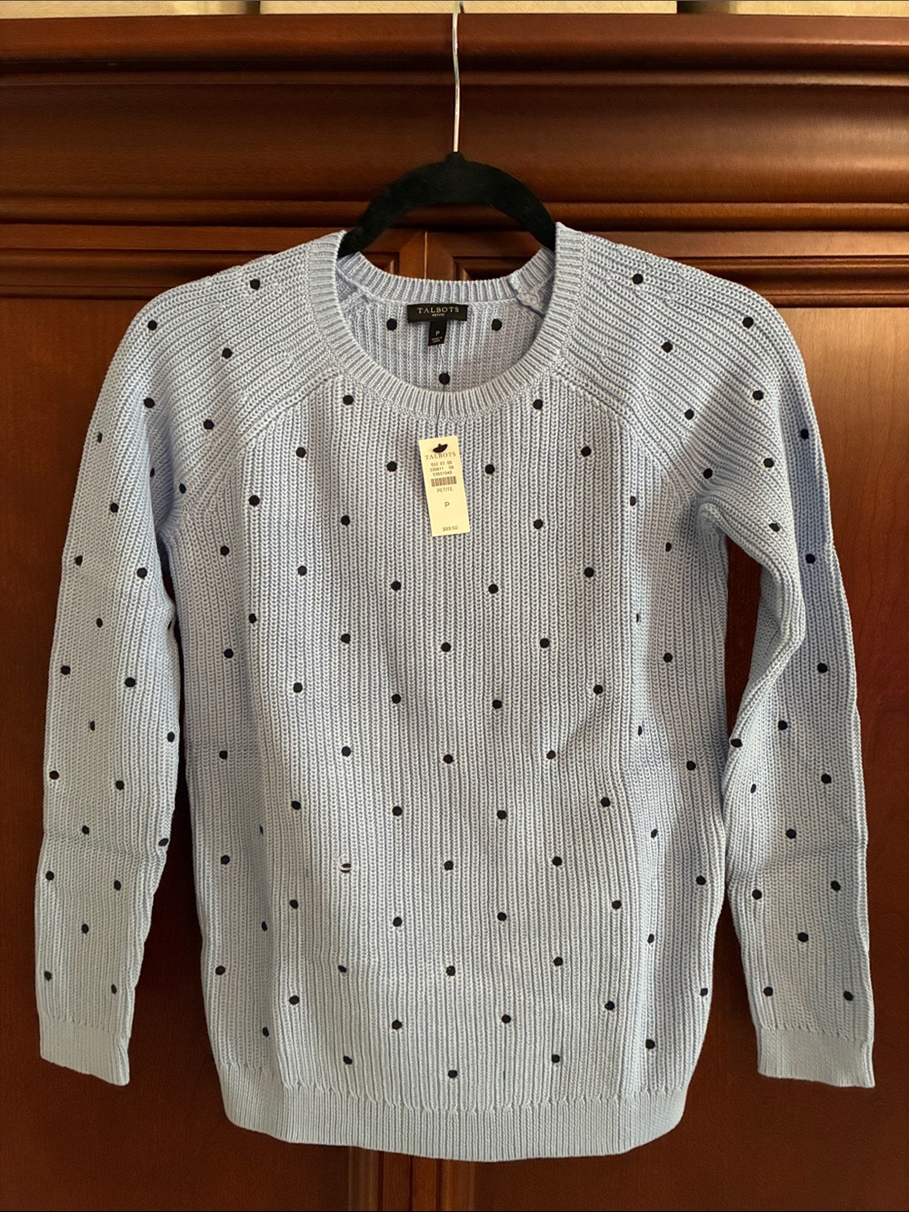 Talbots Light Blue Crewneck Sweater with Black Polka Dots